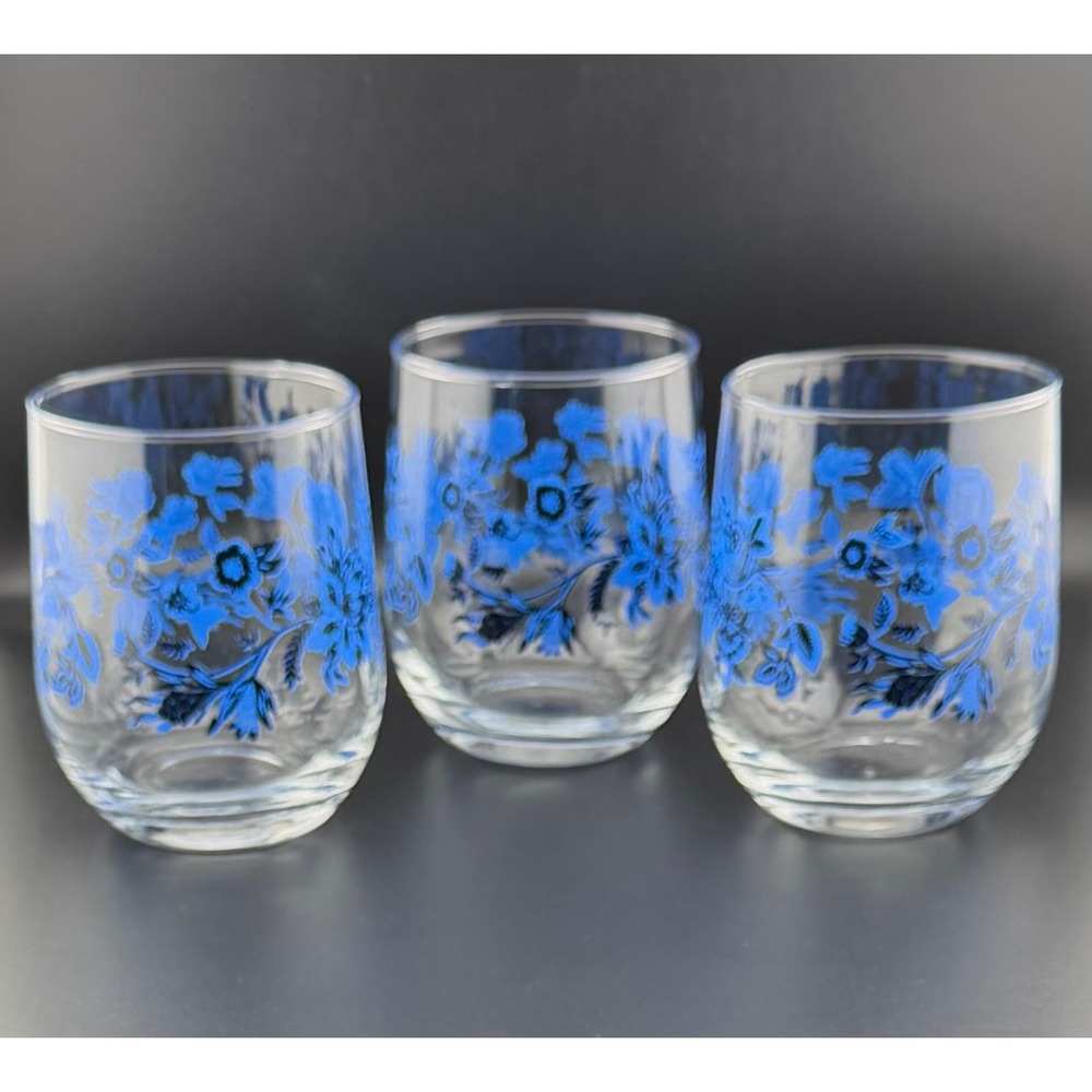Royal Norfolk Blue Floral Old Fashioned Juice Glasses Set of 3 MCM Cottagecore